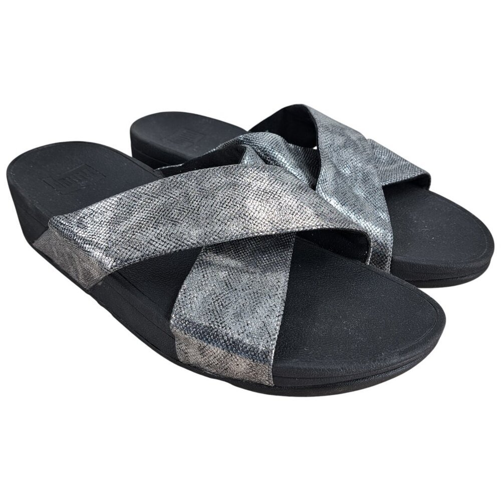 Fitflop Lulu Cross Wedge Metallic Silver Comfort Slide Flip Flop Sandals Size 10